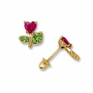 14K Solid Gold Flower Heart Shaped Screw Back Studs with Ruby and Emerald Stones